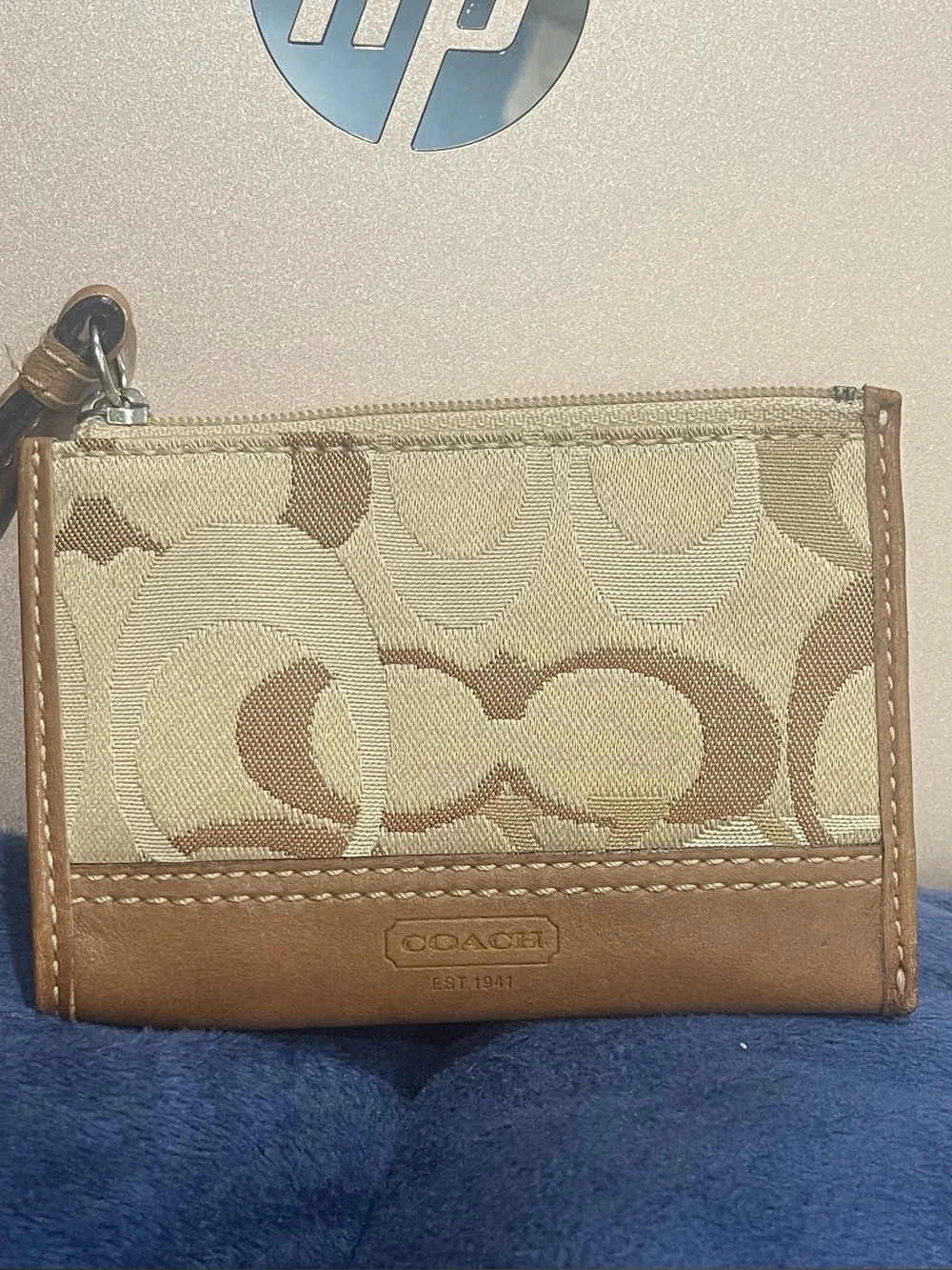 Coach Signature Canvas & Leather Card Holder in Tan and Cream